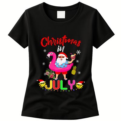 Christmas In July Santa Hawaiian Flamingo Summer Beach Womens T-Shirt