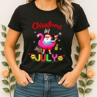 Christmas In July Santa Hawaiian Flamingo Summer Beach Womens T-Shirt