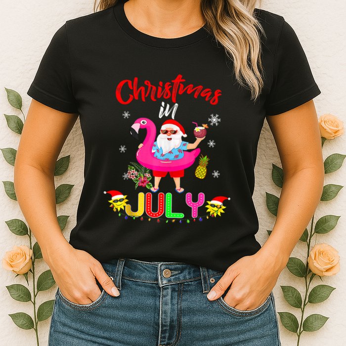 Christmas In July Santa Hawaiian Flamingo Summer Beach Womens T-Shirt
