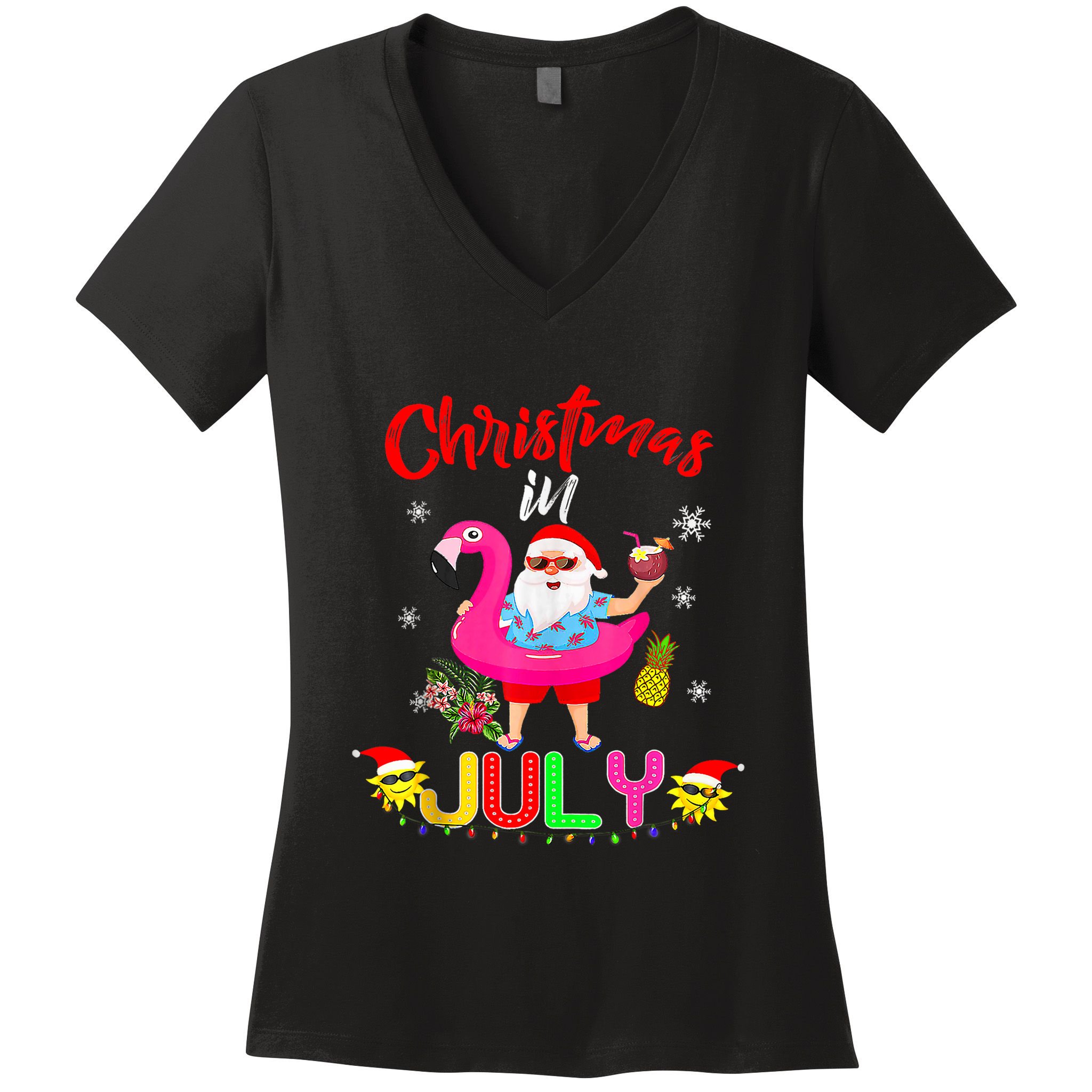 Christmas In July Santa Hawaiian Flamingo Summer Beach Women's V-Neck T-Shirt