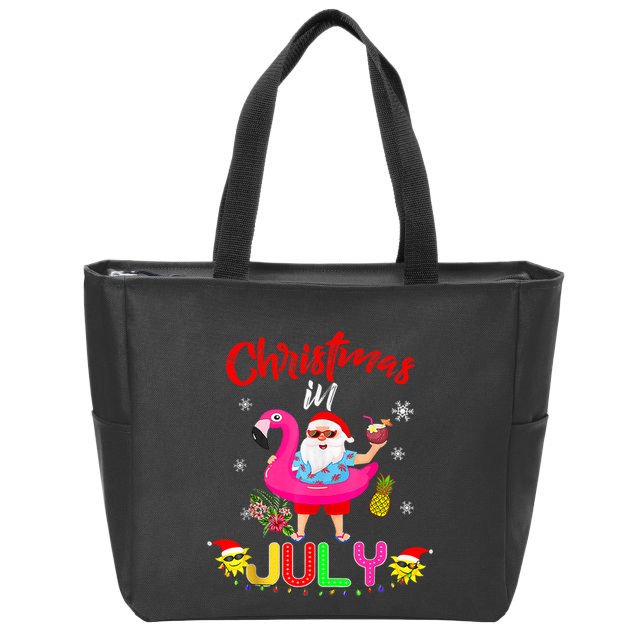 Christmas In July Santa Hawaiian Flamingo Summer Beach Zip Tote Bag