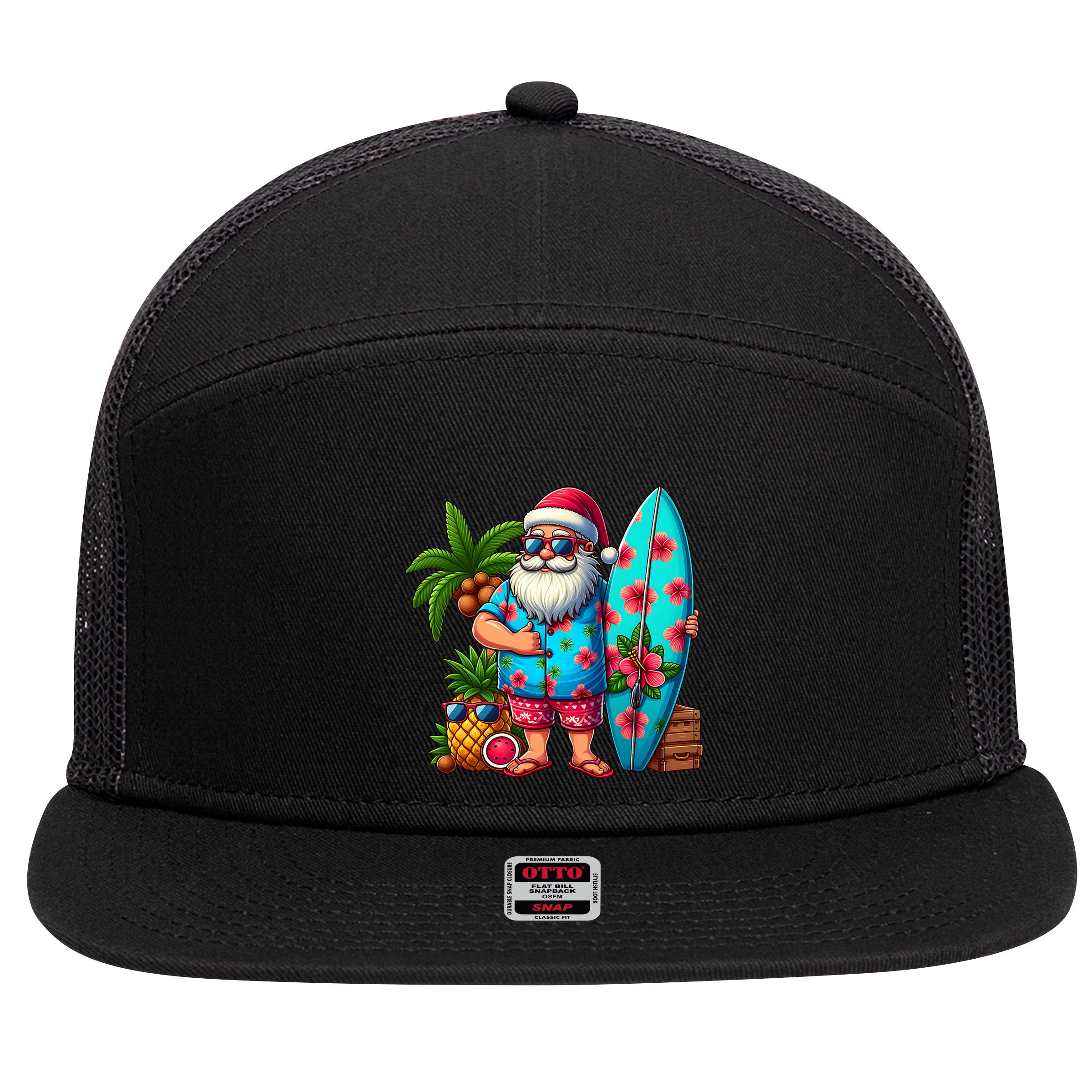 Christmas In July Santa Beach Summer 7 Panel Mesh Trucker Snapback Hat