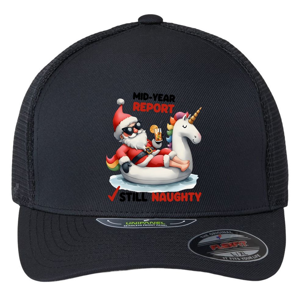 Christmas In July Santa On Unicorn Pool Float Still Naughty Flexfit Unipanel Trucker Cap