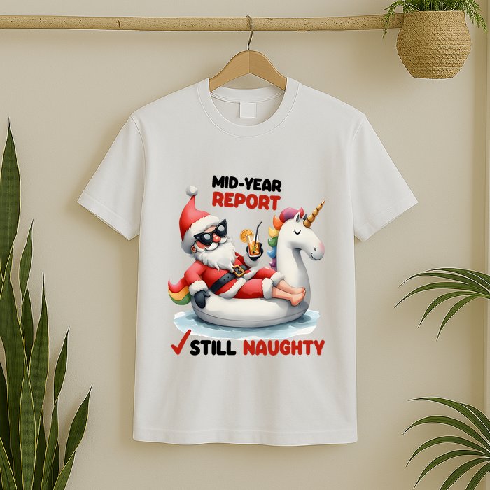 Christmas In July Santa On Unicorn Pool Float Still Naughty T-Shirt