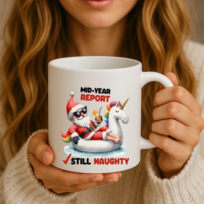 Christmas In July Santa On Unicorn Pool Float Still Naughty Mug