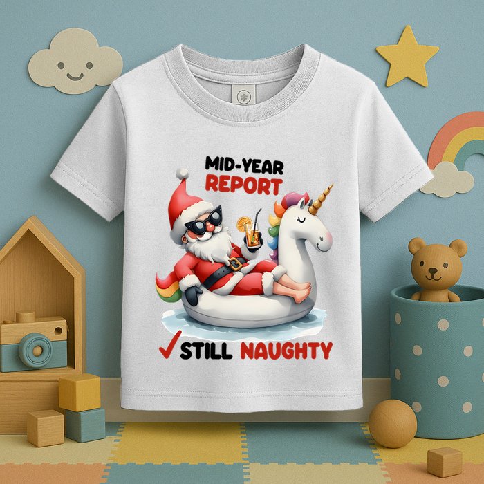 Christmas In July Santa On Unicorn Pool Float Still Naughty Toddler T-Shirt