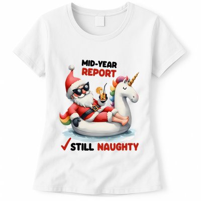 Christmas In July Santa On Unicorn Pool Float Still Naughty Womens T-Shirt
