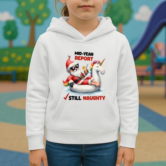 Christmas In July Santa On Unicorn Pool Float Still Naughty Kids Hoodie