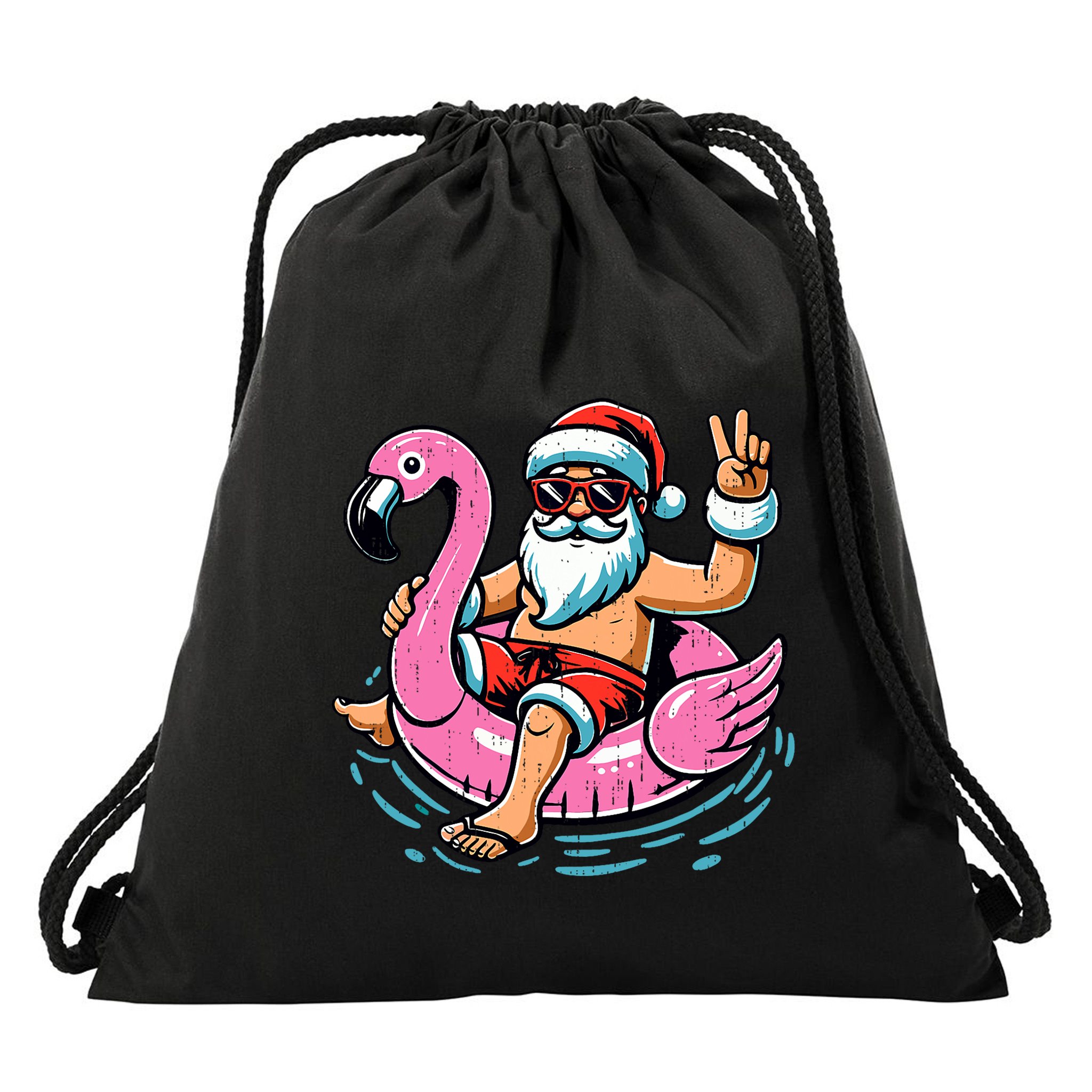 Christmas In July Santa Flamingo Summer Xmas Drawstring Bag