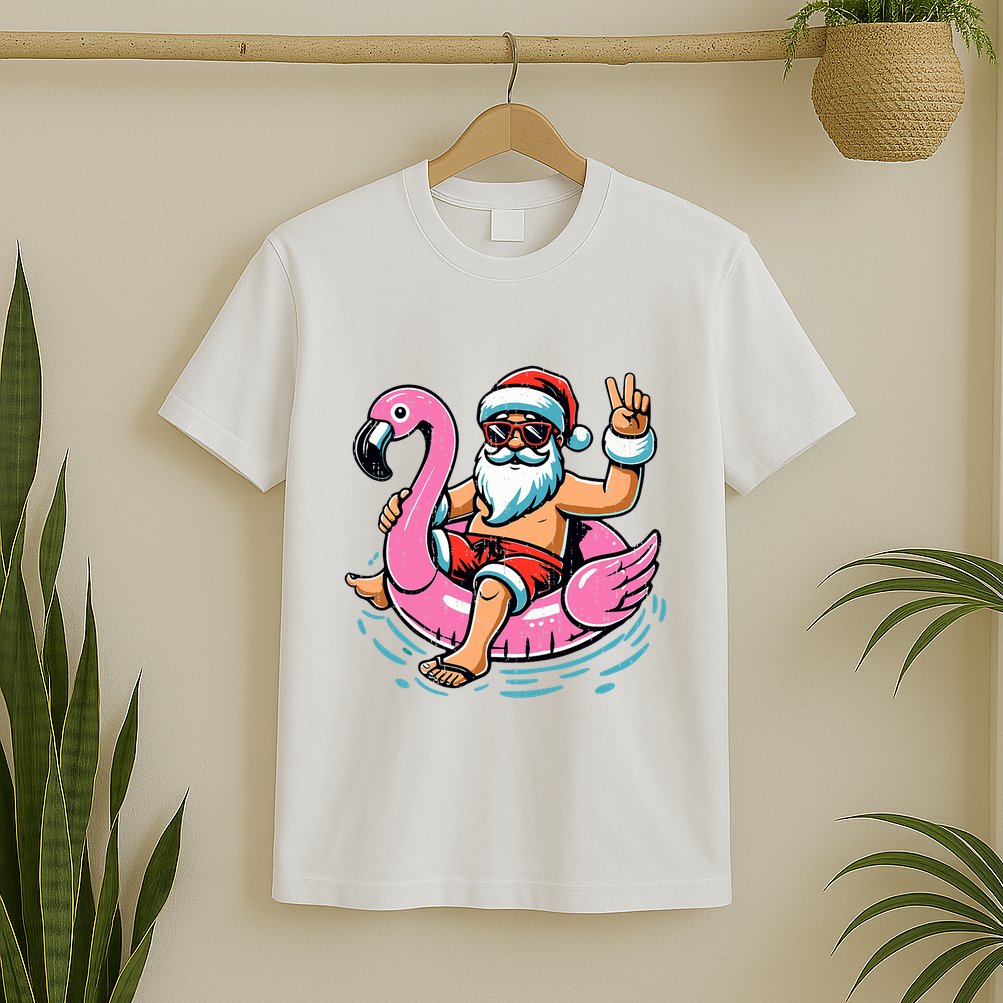 Christmas In July Santa Flamingo Summer Xmas T-Shirt