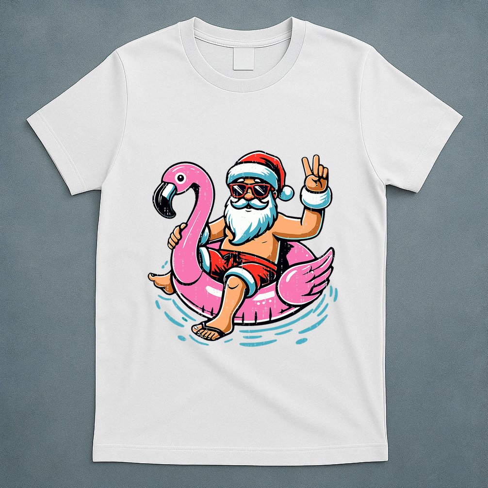 Christmas In July Santa Flamingo Summer Xmas T-Shirt