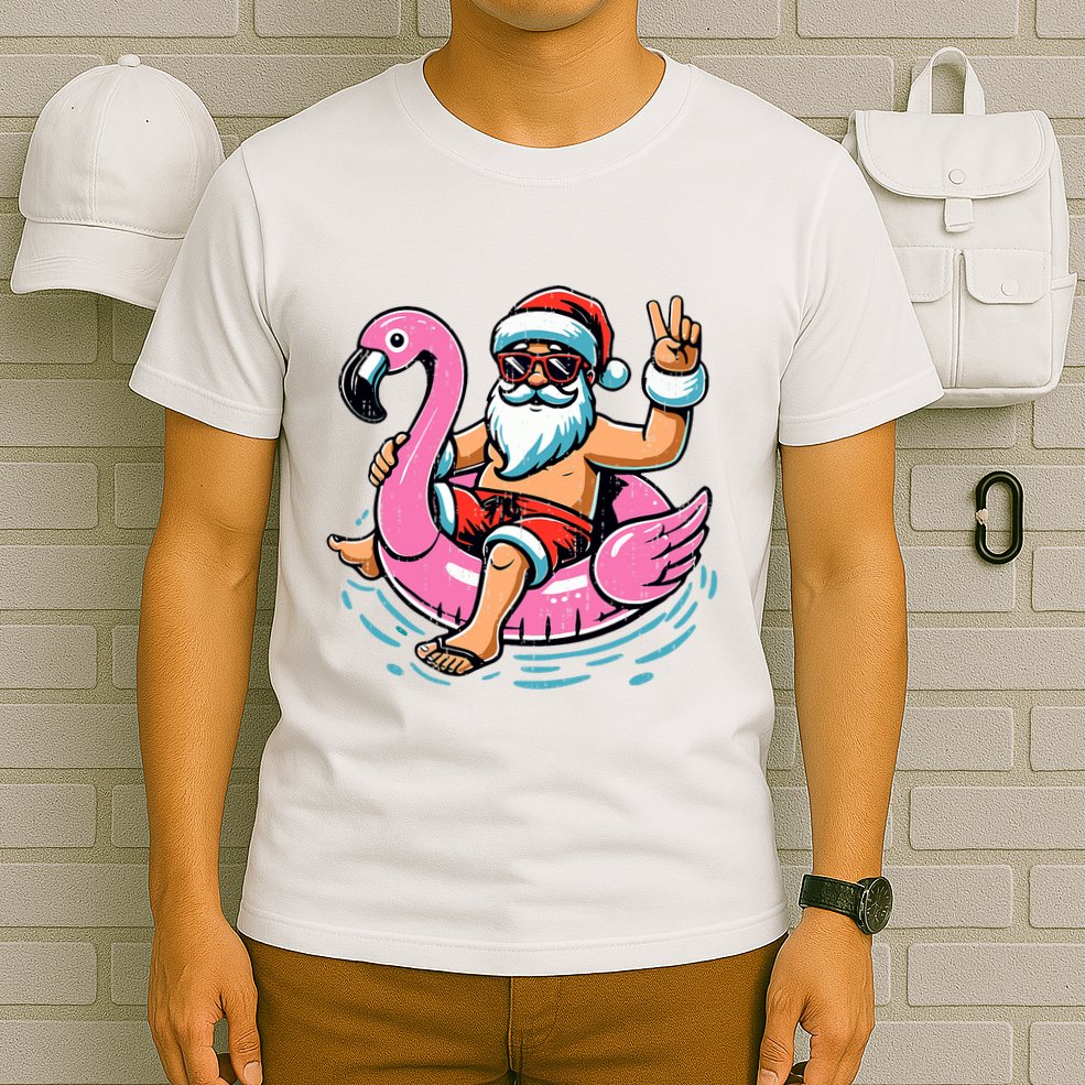 Christmas In July Santa Flamingo Summer Xmas T-Shirt