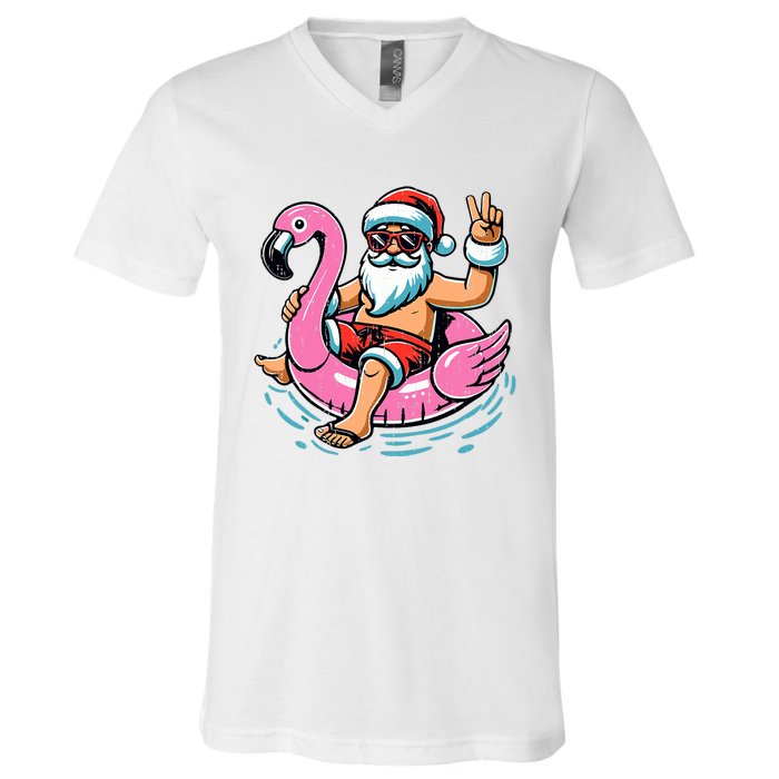 Christmas In July Santa Flamingo Summer Xmas V-Neck T-Shirt