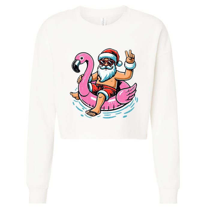 Christmas In July Santa Flamingo Summer Xmas Cropped Pullover Crew