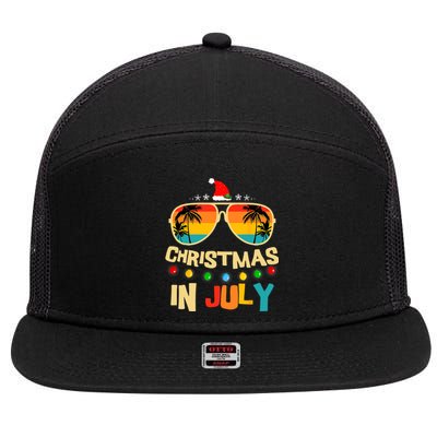 Christmas In July Santa Hat Sunglasses Summer Vacation Xmas 7 Panel Mesh Trucker Snapback Hat