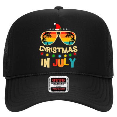 Christmas In July Santa Hat Sunglasses Summer Vacation Xmas High Crown Mesh Back Trucker Hat