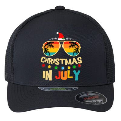 Christmas In July Santa Hat Sunglasses Summer Vacation Xmas Flexfit Unipanel Trucker Cap