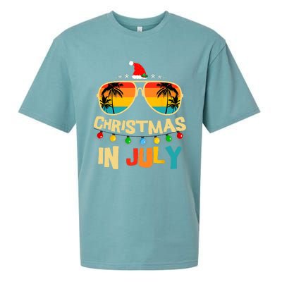 Christmas In July Santa Hat Sunglasses Summer Vacation Xmas Sueded Cloud Jersey T-Shirt