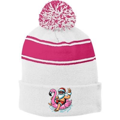 Christmas In July Santa Flamingo Summer Xmas Stripe Pom Pom Beanie