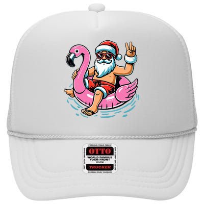 Christmas In July Santa Flamingo Summer Xmas High Crown Mesh Back Trucker Hat