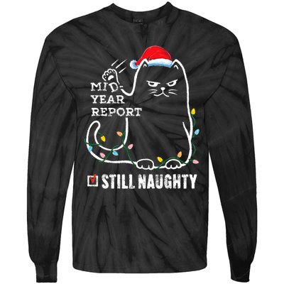 Christmas In July Mid Year Report Still Naughty Santa Cat Tie-Dye Long Sleeve Shirt