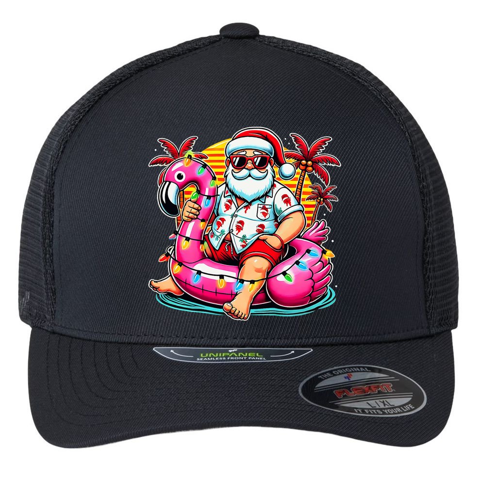 Christmas In July Santa Flamingo Float Summer Xmas Flexfit Unipanel Trucker Cap