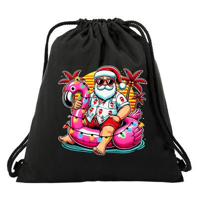 Christmas In July Santa Flamingo Float Summer Xmas Drawstring Bag