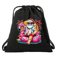 Christmas In July Santa Flamingo Float Summer Xmas Drawstring Bag