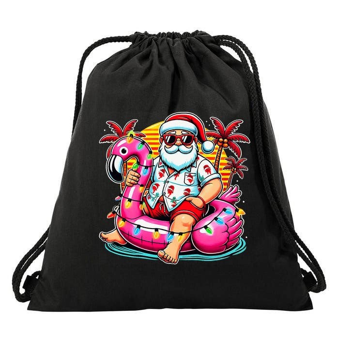 Christmas In July Santa Flamingo Float Summer Xmas Drawstring Bag