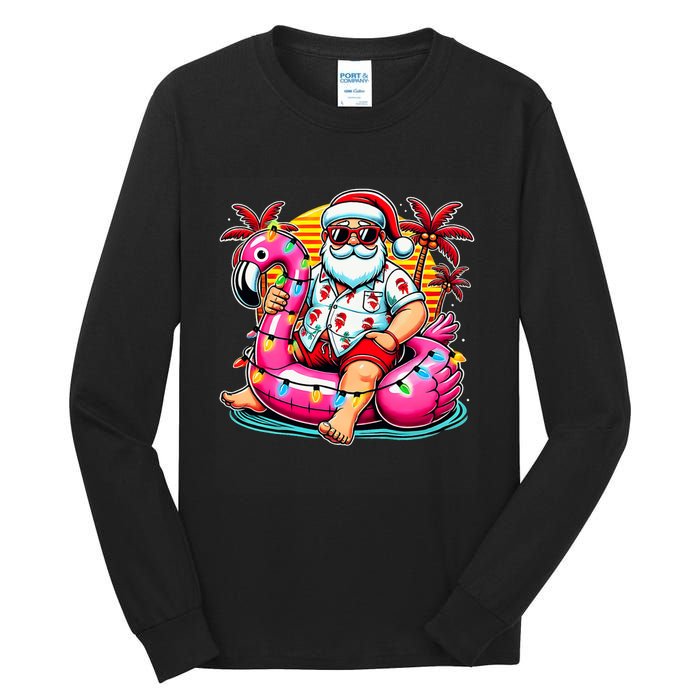 Christmas In July Santa Flamingo Float Summer Xmas Tall Long Sleeve T-Shirt