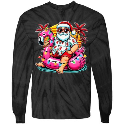 Christmas In July Santa Flamingo Float Summer Xmas Tie-Dye Long Sleeve Shirt
