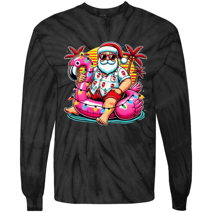 Christmas In July Santa Flamingo Float Summer Xmas Tie-Dye Long Sleeve Shirt