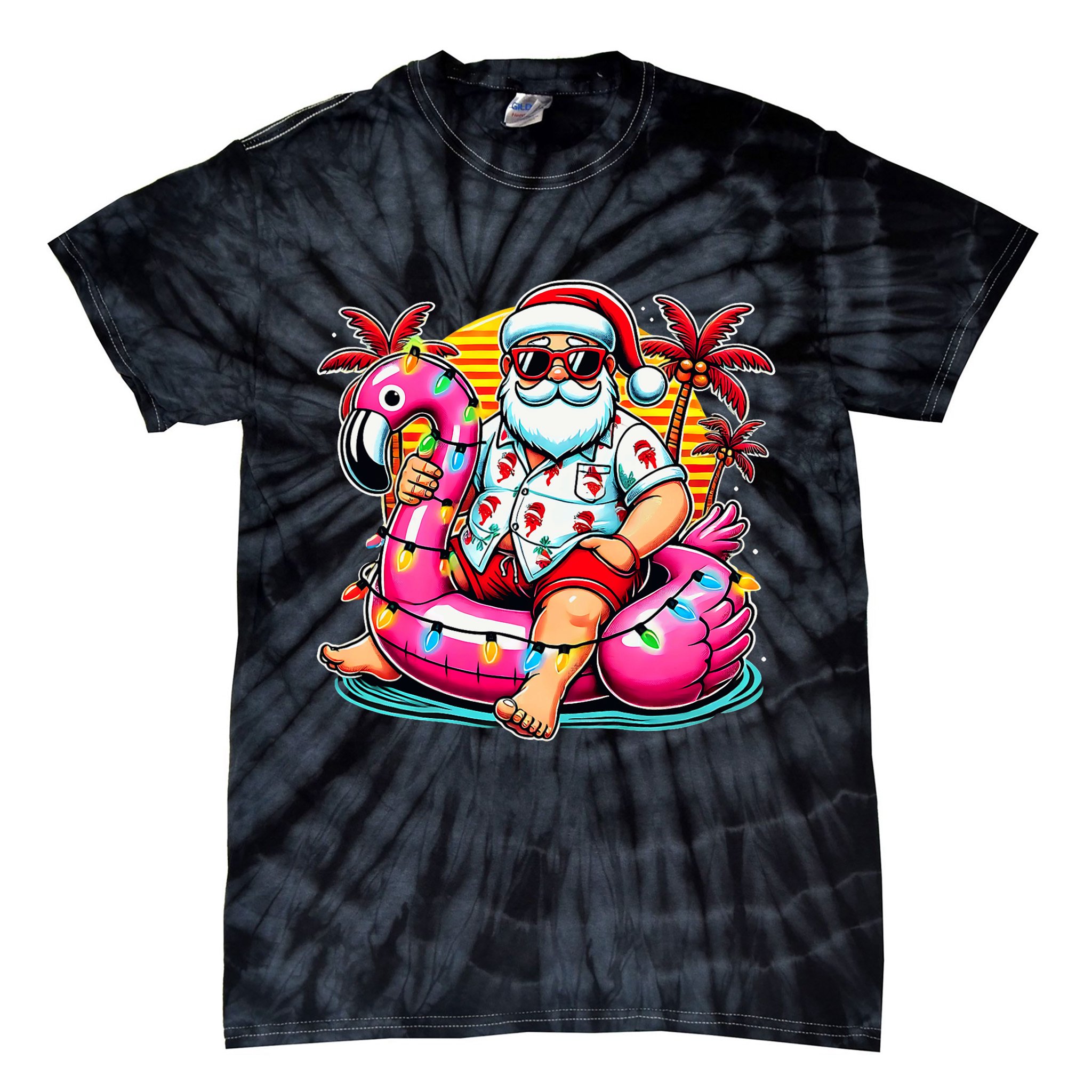Christmas In July Santa Flamingo Float Summer Xmas Tie-Dye T-Shirt