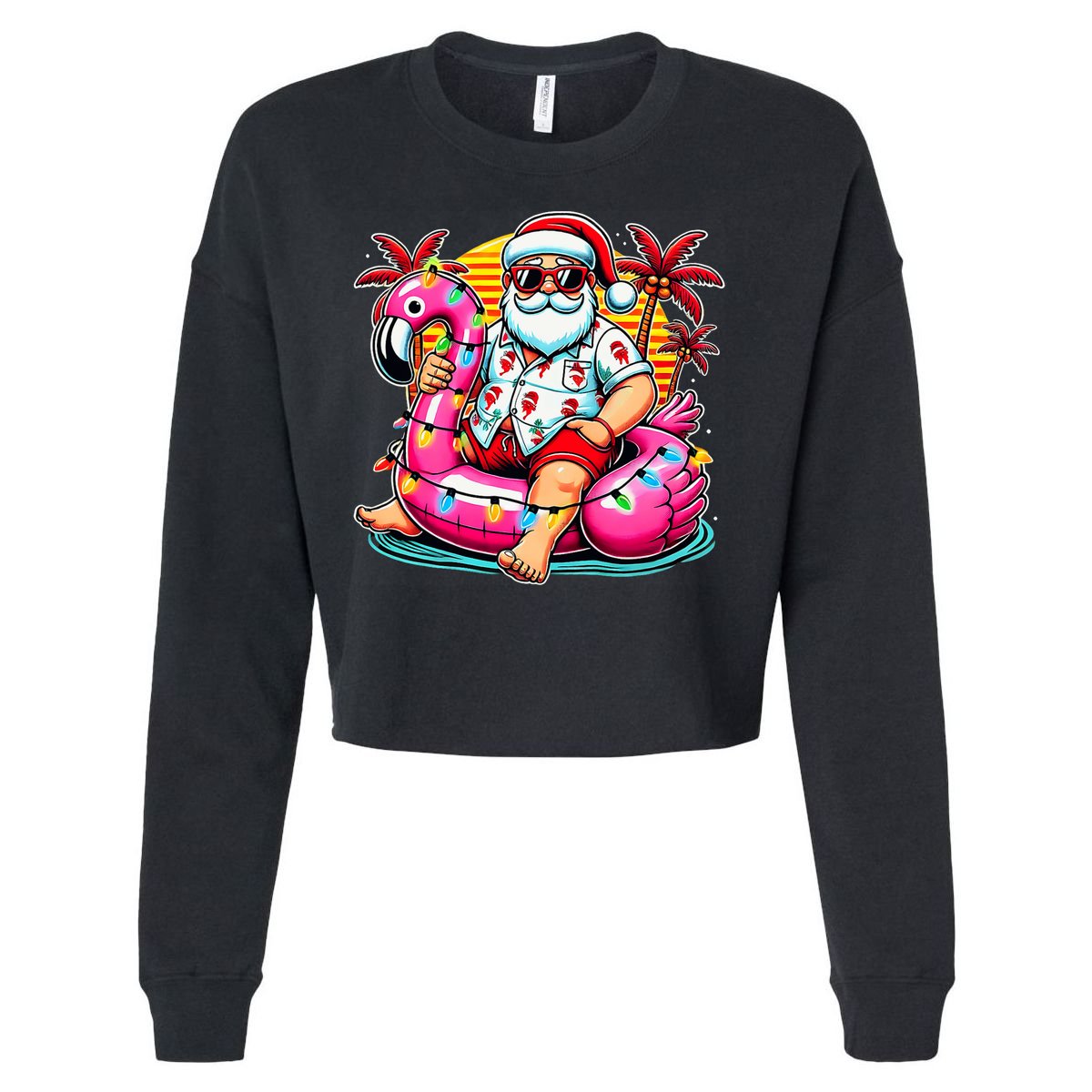 Christmas In July Santa Flamingo Float Summer Xmas Cropped Pullover Crew