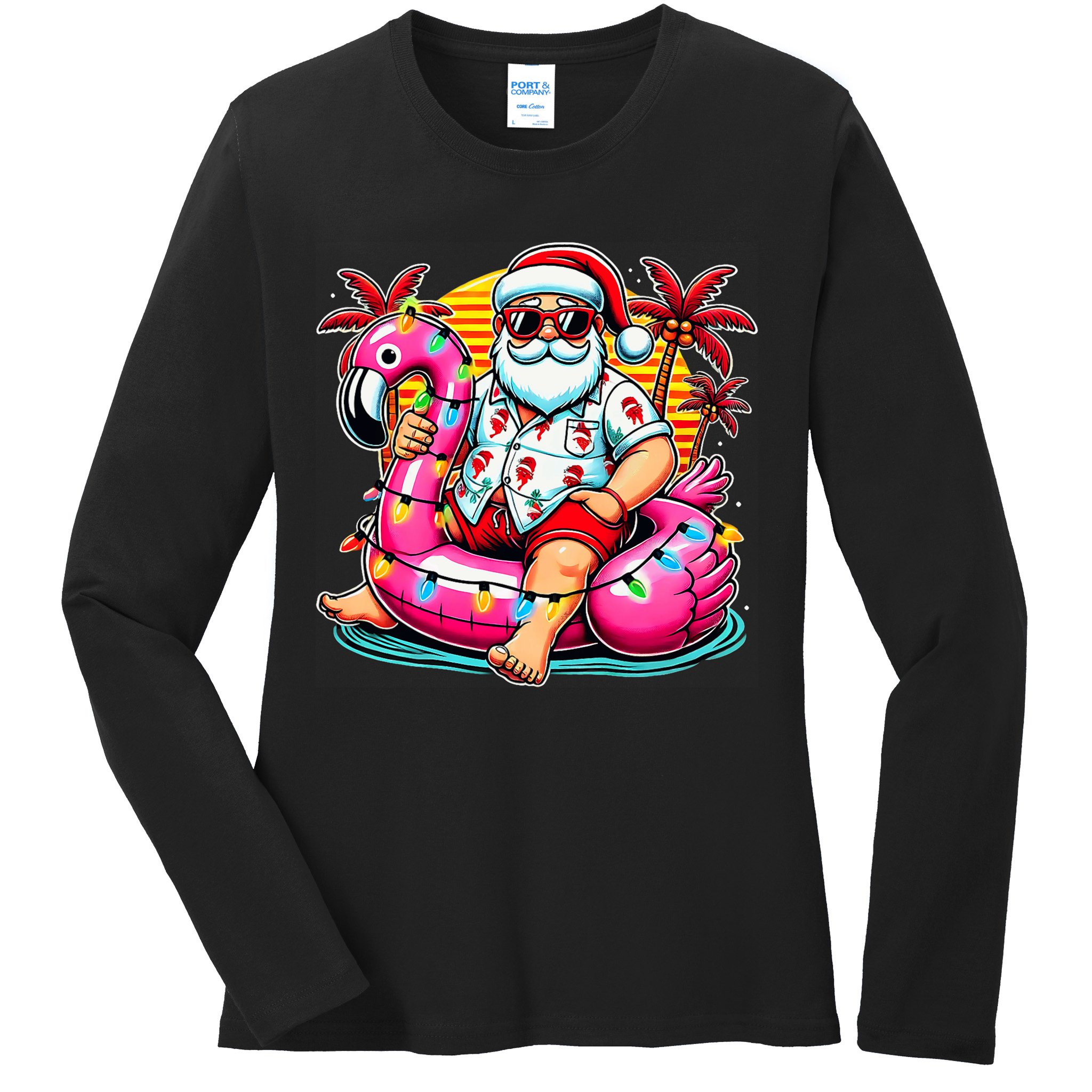 Christmas In July Santa Flamingo Float Summer Xmas Ladies Long Sleeve Shirt
