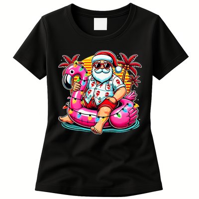 Christmas In July Santa Flamingo Float Summer Xmas Womens T-Shirt