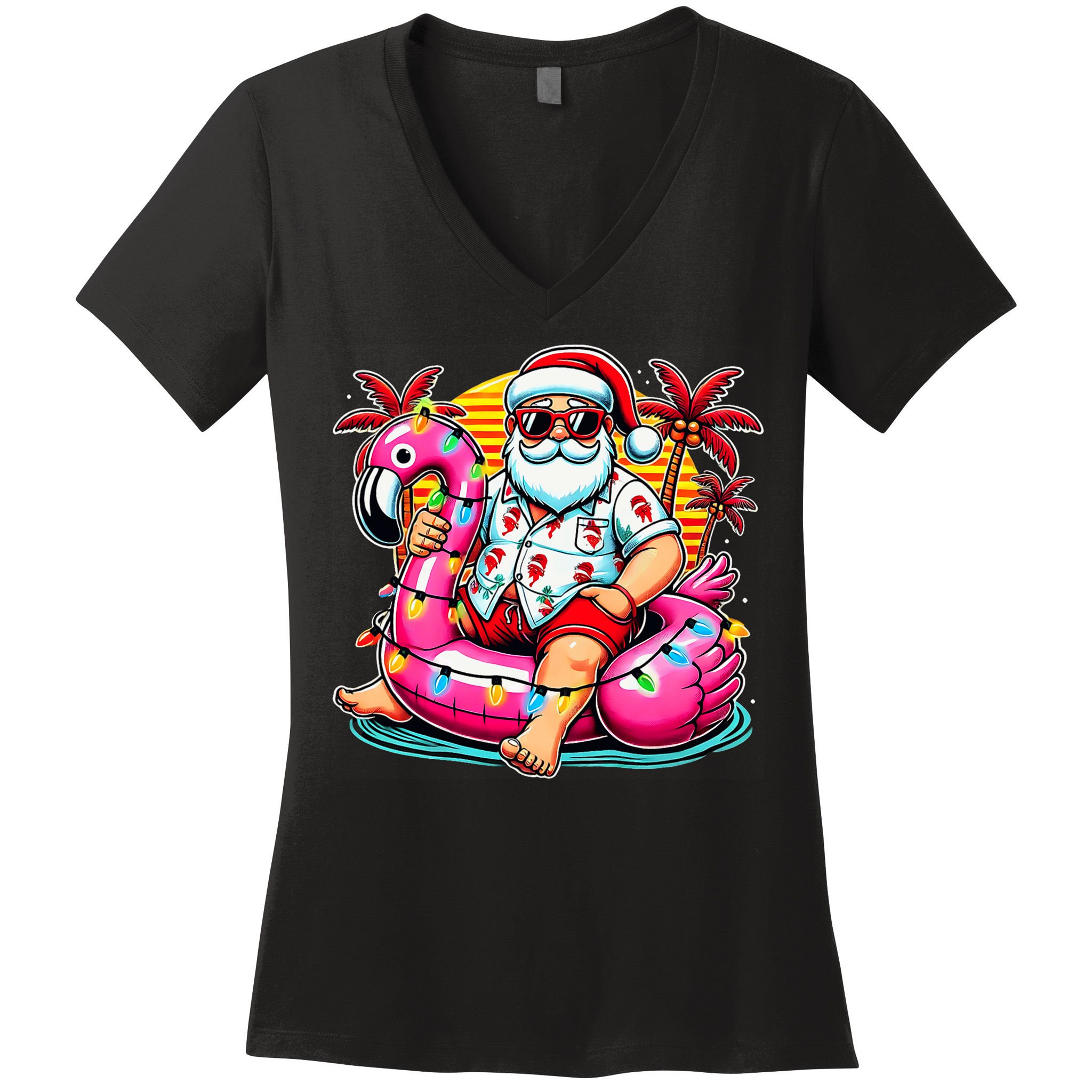 Christmas In July Santa Flamingo Float Summer Xmas Women's V-Neck T-Shirt