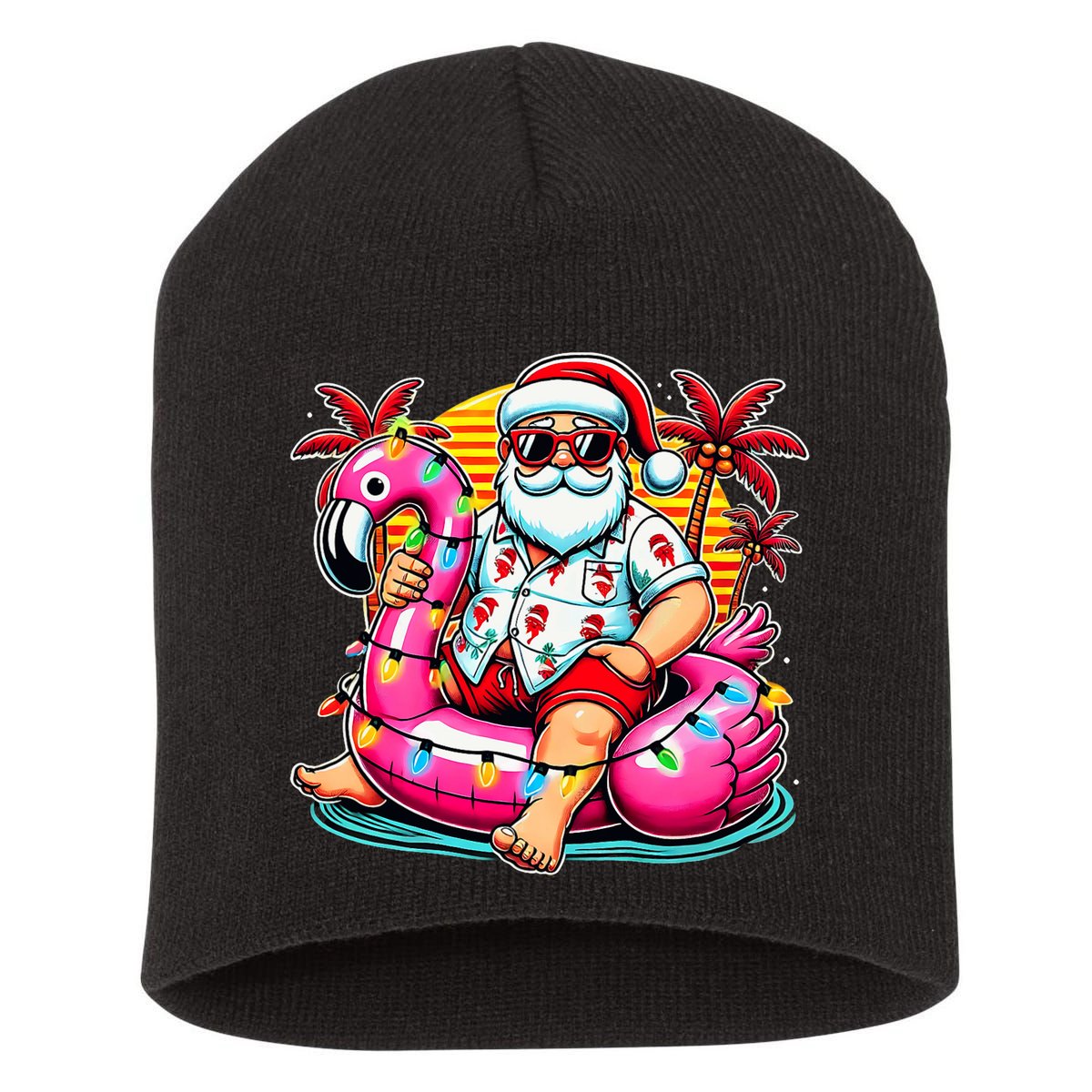 Christmas In July Santa Flamingo Float Summer Xmas Short Acrylic Beanie