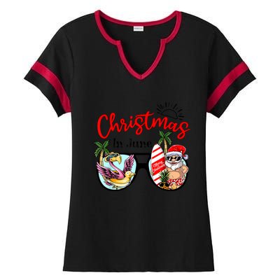 Christmas In June Sunglasses Santa Flamingo Summer Vacation Ladies Halftime Notch Neck Tee