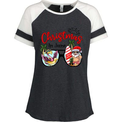 Christmas In June Sunglasses Santa Flamingo Summer Vacation Enza Ladies Jersey Colorblock Tee