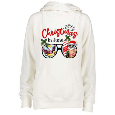 Christmas In June Sunglasses Santa Flamingo Summer Vacation Womens Funnel Neck Pullover Hood