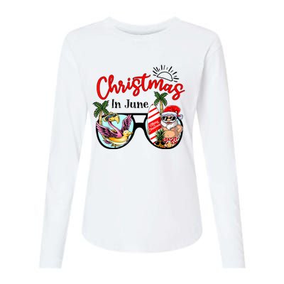 Christmas In June Sunglasses Santa Flamingo Summer Vacation Womens Cotton Relaxed Long Sleeve T-Shirt