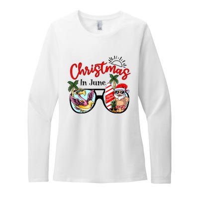 Christmas In June Sunglasses Santa Flamingo Summer Vacation Womens CVC Long Sleeve Shirt