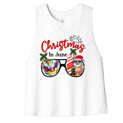 Christmas In June Sunglasses Santa Flamingo Summer Vacation Women's Racerback Cropped Tank