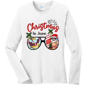 Christmas In June Sunglasses Santa Flamingo Summer Vacation Ladies Long Sleeve Shirt