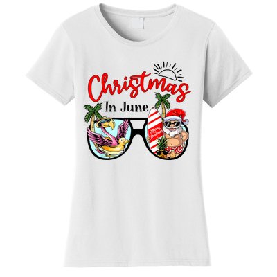 Christmas In June Sunglasses Santa Flamingo Summer Vacation Women's T-Shirt