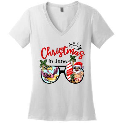 Christmas In June Sunglasses Santa Flamingo Summer Vacation Women's V-Neck T-Shirt