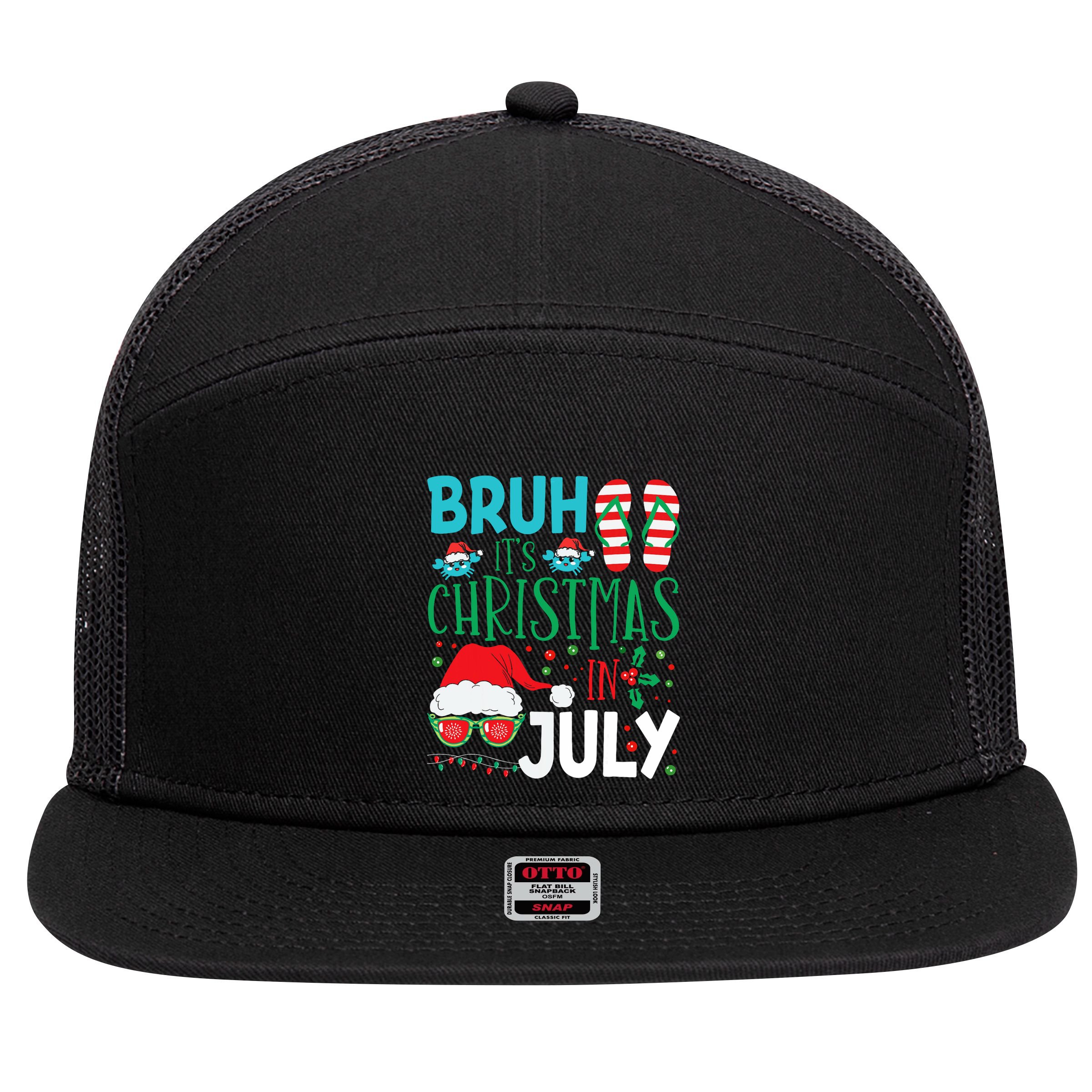 Christmas In July Bruh Summer Santa 7 Panel Mesh Trucker Snapback Hat