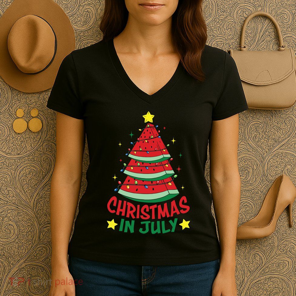 Christmas In July Watermelon Xmas Tree Summer Women's V-Neck T-Shirt