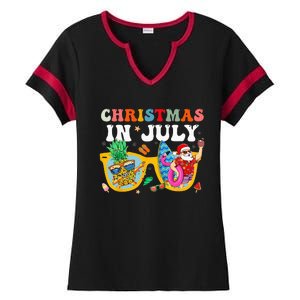 Christmas In July Santa Sunglasses Summer Beach Funny Xmas Ladies Halftime Notch Neck Tee